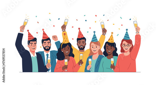 Diverse group celebrating with champagne and party hats