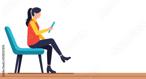 Modern woman seated, engaged with tablet, casual style