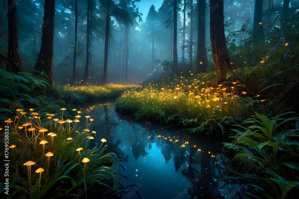 Obraz premium Enchanted forest and glowing yellow mushrooms