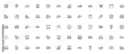 Transportation icon set. Vector transport symbols colection. Includes bus, car train, truck, bicycle, shp, helicopter, rocket, gps and more. Editable stroke