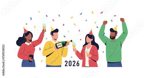 Celebrating 2026 new year party with friends and confetti in festive style