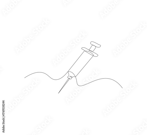 Continuous one line drawing of a syringe.white background, Illustration of a single line drawing of a medical syringe. Medical health, anti virus concept in one line. Editable outline