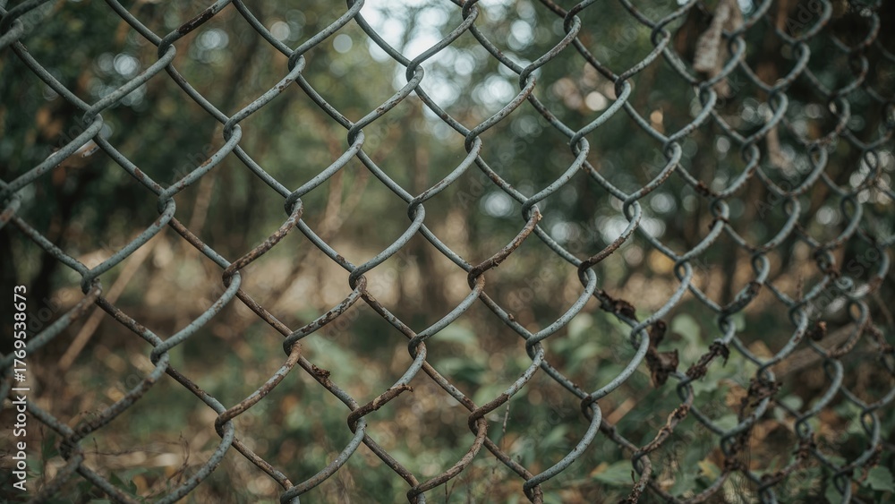 Fototapeta premium Chain link metal fence with blur outdoor background