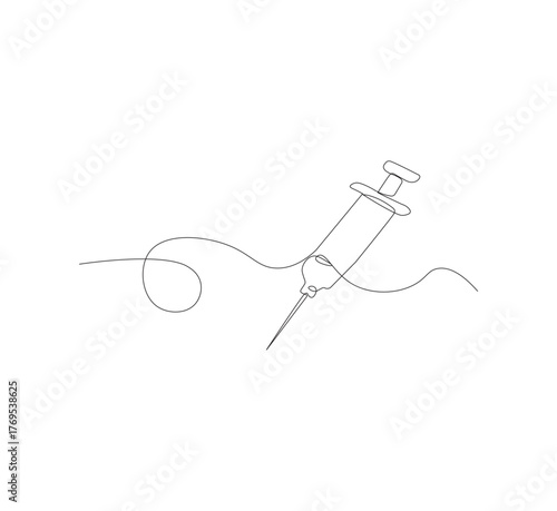 Continuous one line drawing of a syringe.white background, Illustration of a single line drawing of a medical syringe. Medical health, anti virus concept in one line. Editable outline