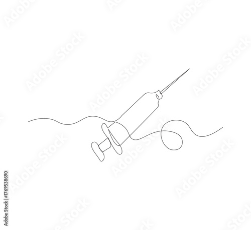 Continuous one line drawing of a syringe.white background, Illustration of a single line drawing of a medical syringe. Medical health, anti virus concept in one line. Editable outline
