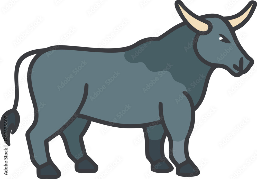 Fototapeta premium Full body illustration of a dark gray bull with light horns animal livestock