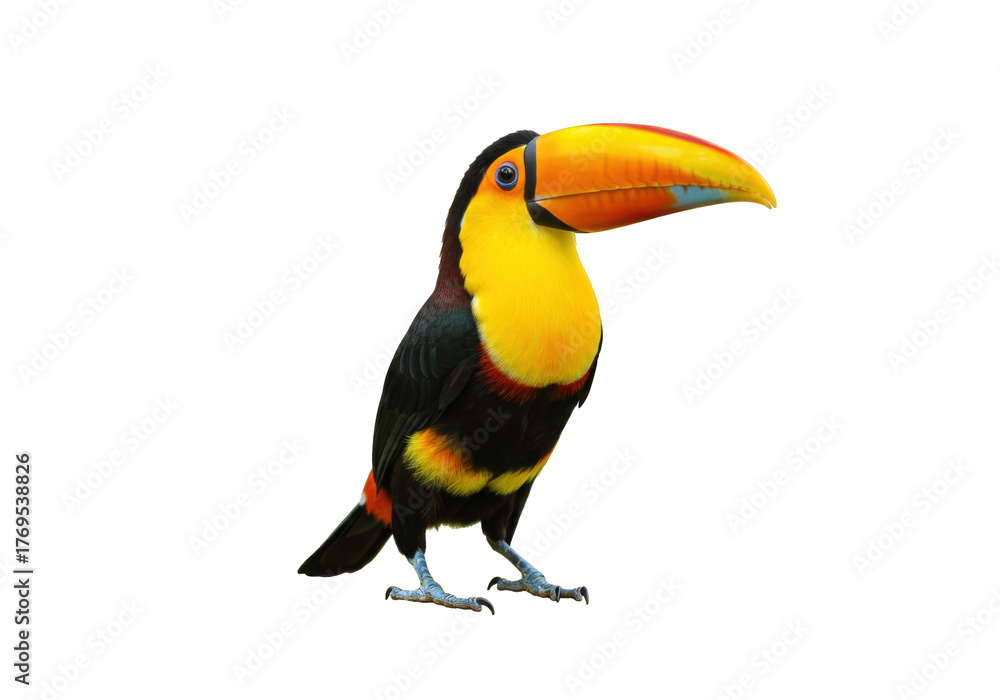 Obraz premium Isolated colorful Channel-billed Toucan tropical bird with vibrant yellow orange beak, feathers