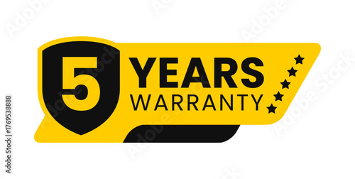 Modern 5 years warranty badge vector design in yellow and black with shield. Guarantee label icon logo for product packaging, advertisement, and marketing use