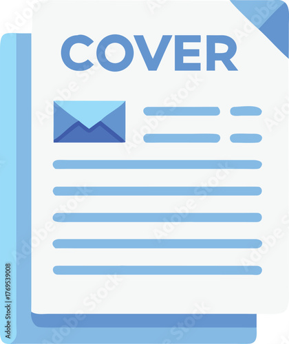 Blue envelope and document with text C O V E R and lines paper letter