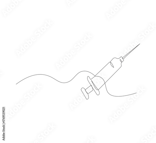 Continuous one line drawing of a syringe.white background, Illustration of a single line drawing of a medical syringe. Medical health, anti virus concept in one line. Editable outline