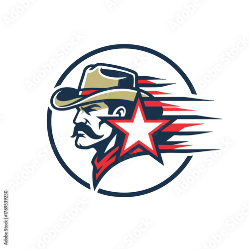 Dynamic cowboy mascot logo featuring a star and speed lines, ideal for sports teams and spirited branding