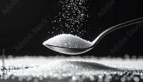 Spoonful of White Sugar Against Black Background