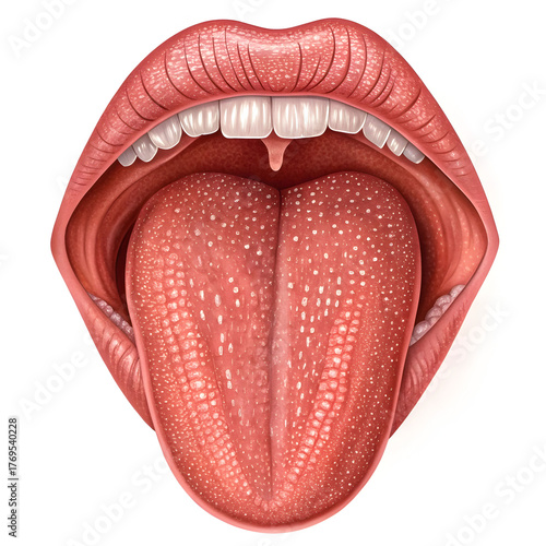 Detailed illustration of human tongue isolated on white background, showing muscular structure and surface anatomy for medical