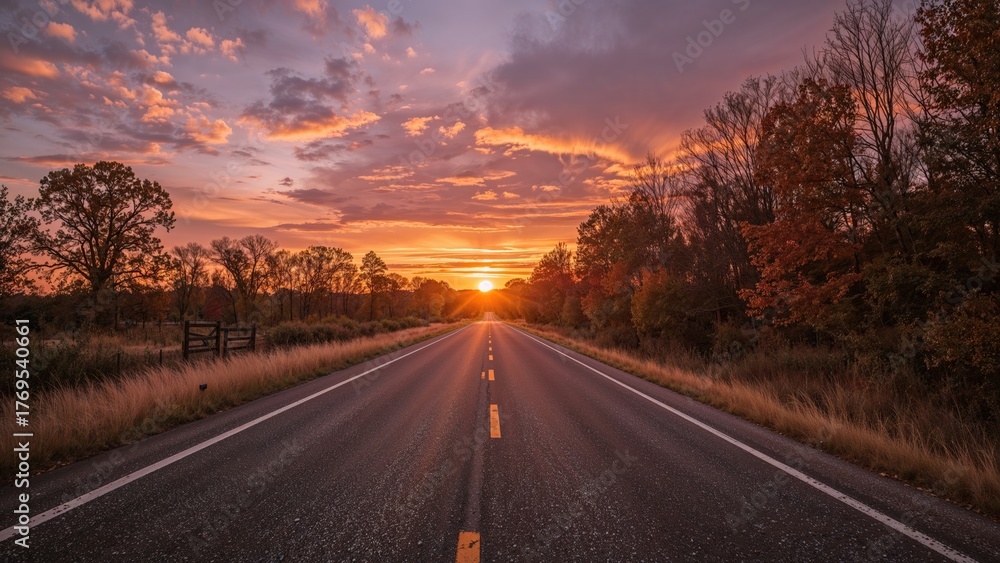 Fototapeta premium Sunset over deserted autumn road.