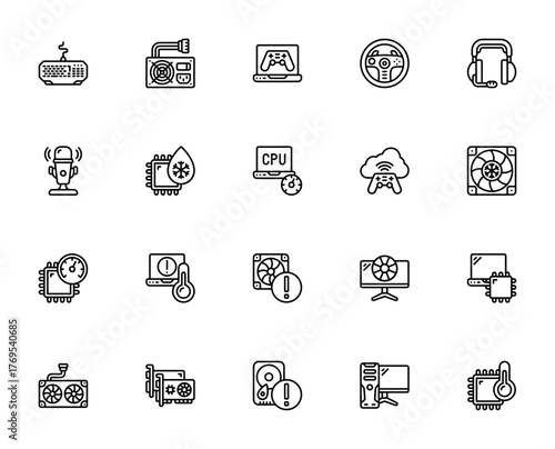 Gaming PC icon set. Minimal vector icons pack. Inclues keyboard, laptop, CPU, eadset, monitor, microphon, GPU, fan and more. Editale stroke.