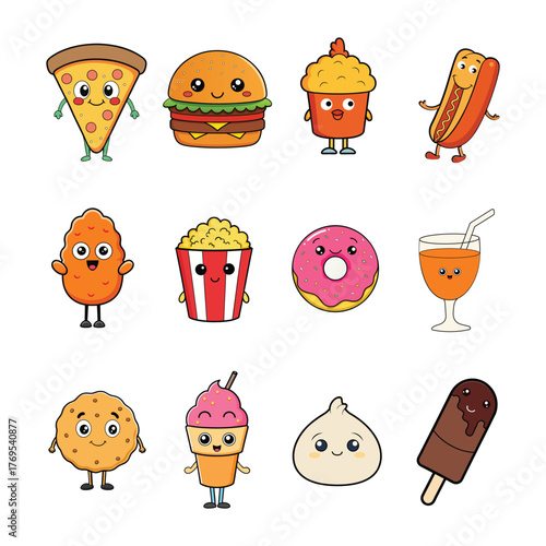 Collection of hand-drawn Kawaii Cute Fast Food Clipart Vector.