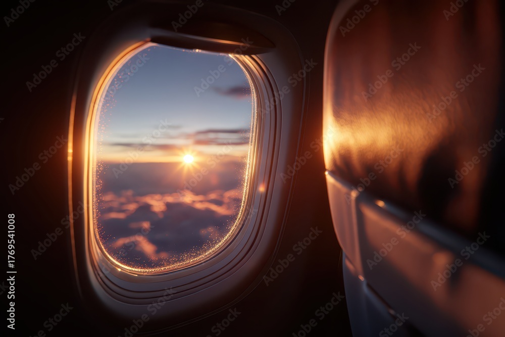 Fototapeta premium Dramatic golden sunset seen from an airplane window, illuminating clouds above.