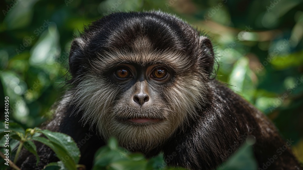 Fototapeta premium Indian langur monkey in natural habitat with green foliage.