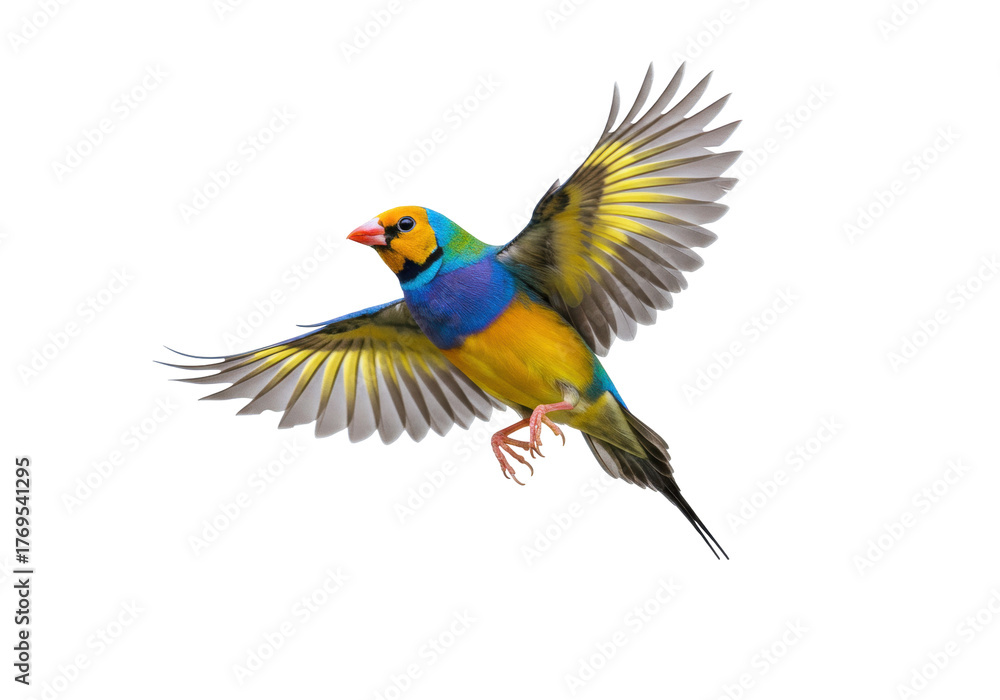 Fototapeta premium Isolated Gouldian Finch bird in flight with wings spread shows colorful plumage feathers