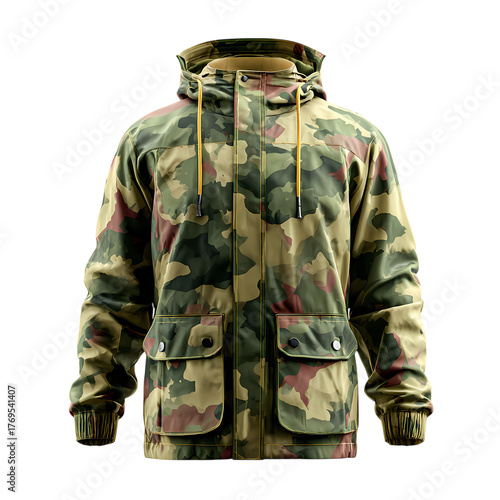 A jacket in camouflage colors front view isolated on transparent background