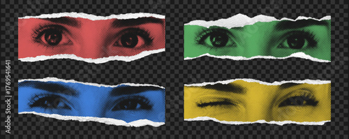 Color halftone female eyes on torn scrap paper piece. Set of collage eye  torn out of magazine with realistic ripped edges at transparent background. Vector.