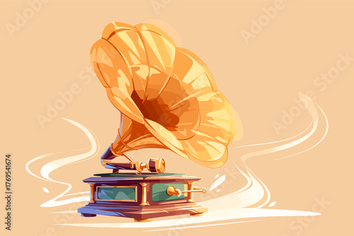 Cartoon gramophone with a golden horn, vector illustration