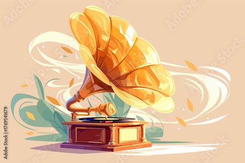 Cartoon gramophone with a golden horn, vector illustration