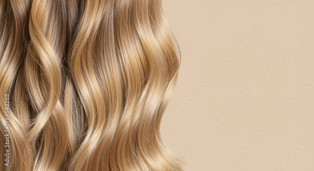 Fototapeta premium Long wavy blonde hair with natural highlights, healthy smooth texture, and voluminous flowing strands on soft beige background