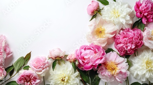 Cartolina d'auguri romantico con fiori di peonia bianchi e rosa e spazio per testo