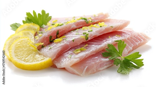 Filetti di pesce persico crudo, disposti con cura e guarniti con limone fresco, prezzemolo e una spolverata di erbe, suggerendo un'esperienza culinaria leggera e raffinata.