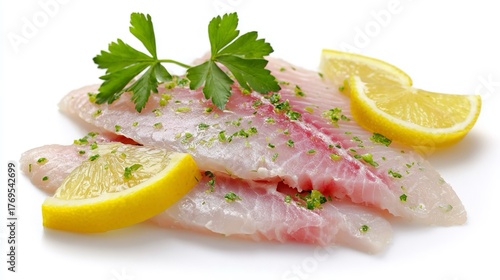 Filetto di pesce persico, fresco con prezzemolo e fette di limone su sfondo bianco. Piatto semplice e salutare.