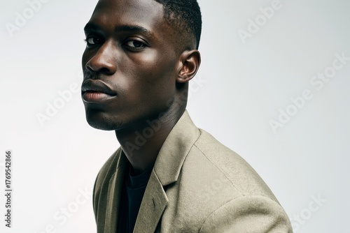 Serious Young Black Man in Beige Blazer, Studio Portrait
