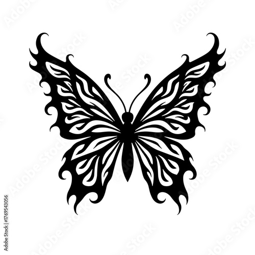 Black butterfly tattoo design with flame patterns and intricate details  