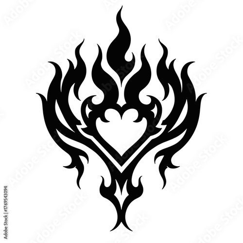 Black tribal tattoo design with heart symbol and flame elements  
