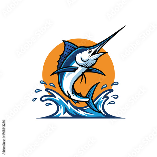 Dynamic blue marlin leaps from ocean waves against a vibrant sunset a powerful and exciting fishing emblem