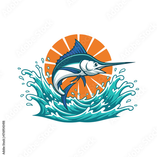 Dynamic blue marlin jumping out of the ocean at sunset, vibrant ocean fishing sport illustration
