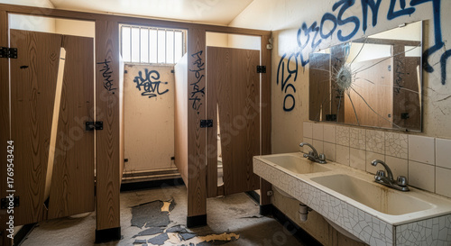 Abandoned public restroom with broken mirrors, graffiti covered walls, and damaged stalls in an urban decay environment