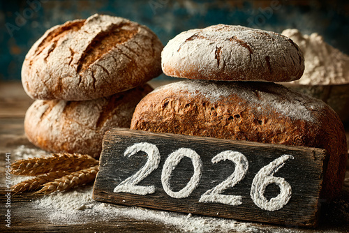 Fresh artisan bread with a wooden sign reading 2026, perfect for New Year 2026 celebration themes, festive food concepts, holiday baking