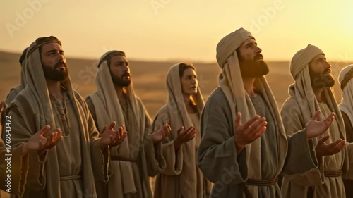 Group of ancient people with men and women looking up and praying in an arid biblical landscape during sunset, historic footage.