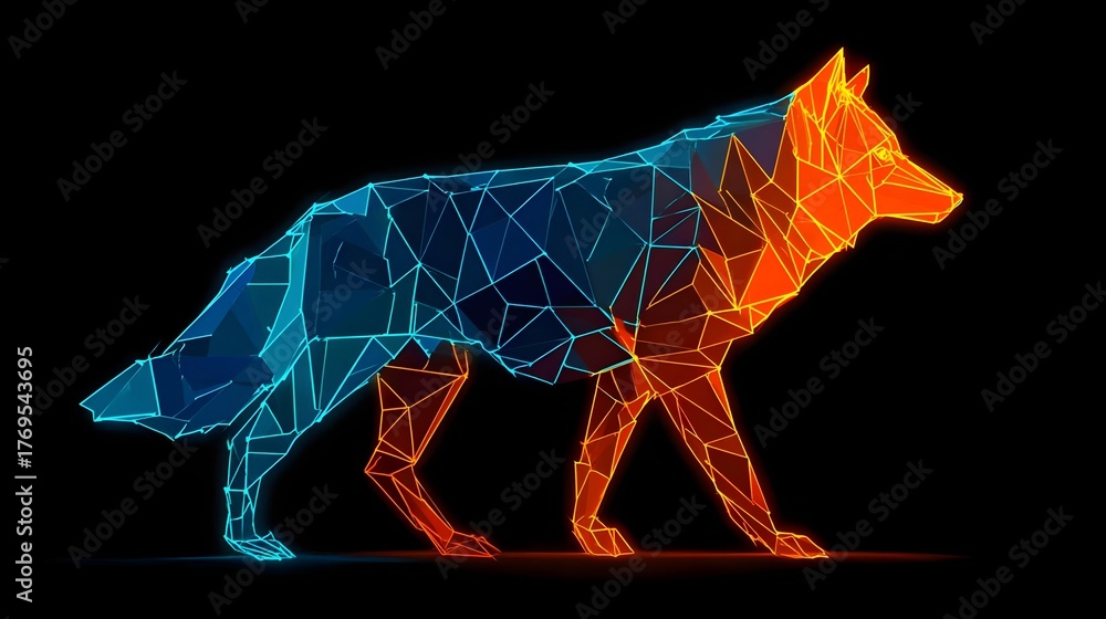 Fototapeta premium Cyber wolf logo in low-poly geometric style with glowing orange. Concept: intelligence, speed, agility, and advanced technology, AI startups, tech companies, gaming brands, digital creative agencies.