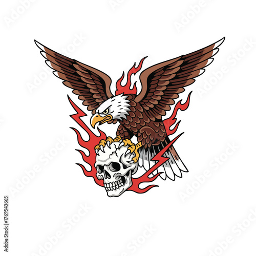 Powerful American bald eagle illustration on skull with flames and lightning a symbol of freedom strength and rebellion