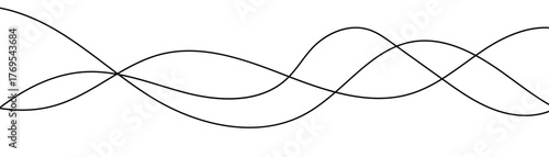 Curved black long lines on white, Wavy line horizontal divider outline minimalist background. Abstract black lines wave curve motion on white,