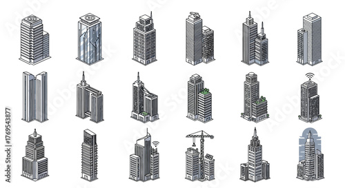 Collection of Isometric Modern and Commercial Building Illustrations