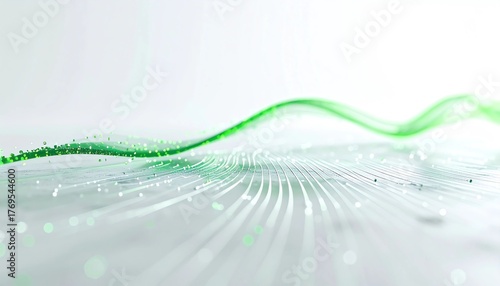 Abstract depiction of data transmission and technology. Thin, glowing white lines converge toward a wavy, vibrant green data stream
