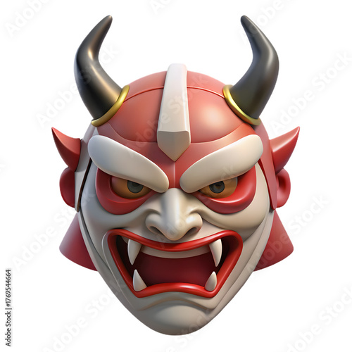 Intense portrayal of a demonic mask, capturing its menacing glare and intricate facial details, fierce look.