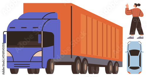 Large freight truck and blue car accompanied by person pointing direction, suggesting logistics, delivery, transport, teamwork, road safety, supply chain management, sustainable transportation
