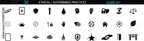 Collection of Ethical / Sustainable Practices of UI Icon Set, Glyph Collection, Web Interface Icons, Mobile App Symbols, Vector Line Icons, Digital Design Element Icons on white background