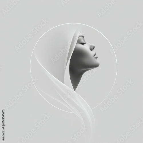 Beautiful woman's profile with a sheer veil, serene and graceful, a minimalist monochrome beauty concept