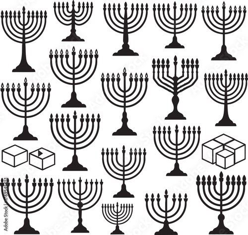 hanukkah, menorah, hanukkiah, jewish holiday, puzzle, visual puzzle, silhouette, black icons, grid design, geometric cubes, odd one out, pattern recognition, jewish symbolism, festive illustration, ab