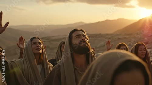 Men and women look up with hands raised in prayer, disciples gaze at the sky during sunset biblical times, worship footage